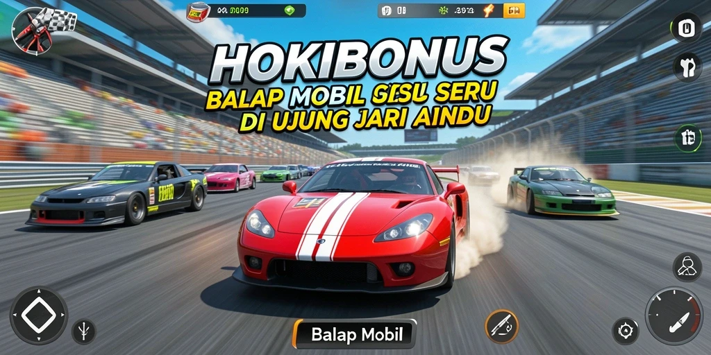 Antarmuka permainan HOKIBONUS dengan mobil balap yang siap melaju.